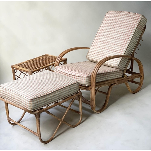 610 - GARDEN/TERRACE LOUNGER, mid 20th century bamboo rattan and cane bound with reclining adjustable armc... 