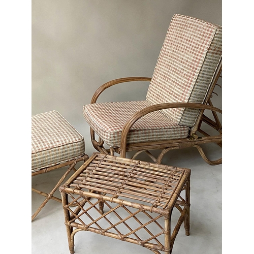 610 - GARDEN/TERRACE LOUNGER, mid 20th century bamboo rattan and cane bound with reclining adjustable armc... 