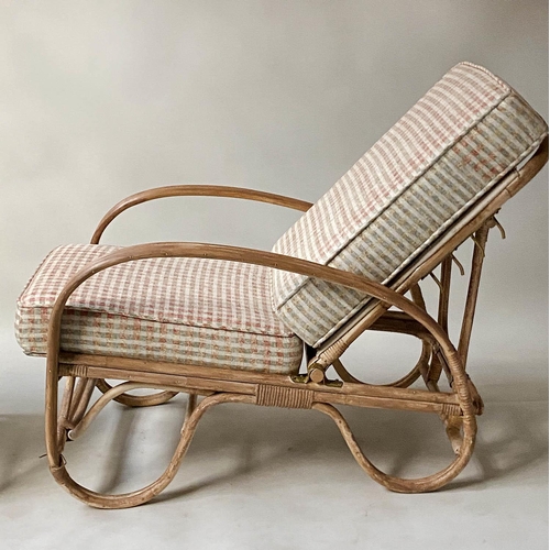 610 - GARDEN/TERRACE LOUNGER, mid 20th century bamboo rattan and cane bound with reclining adjustable armc... 