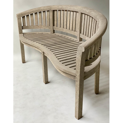 611 - BANANA BENCH, vintage weathered teak and slatted construction, 168cm W.