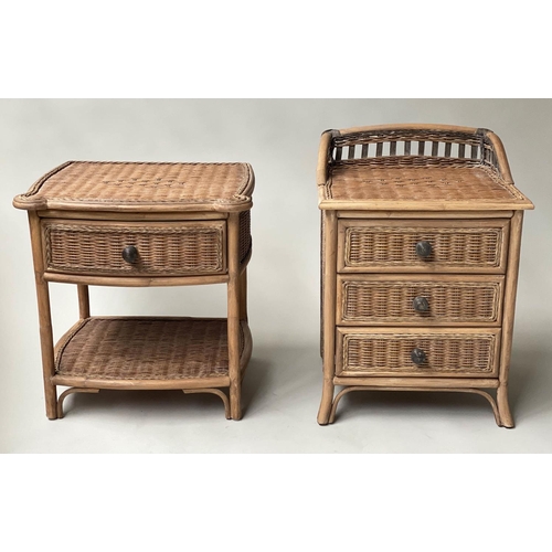 613 - CHEST, bamboo, rattan and cane panelled with three drawers together with a matching one drawer table... 