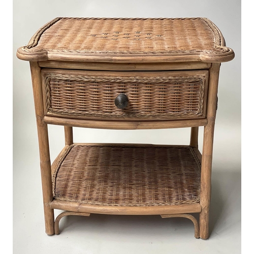 613 - CHEST, bamboo, rattan and cane panelled with three drawers together with a matching one drawer table... 