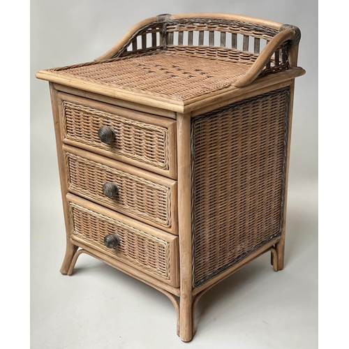 613 - CHEST, bamboo, rattan and cane panelled with three drawers together with a matching one drawer table... 