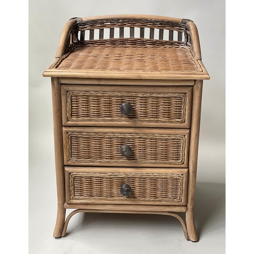 613 - CHEST, bamboo, rattan and cane panelled with three drawers together with a matching one drawer table... 