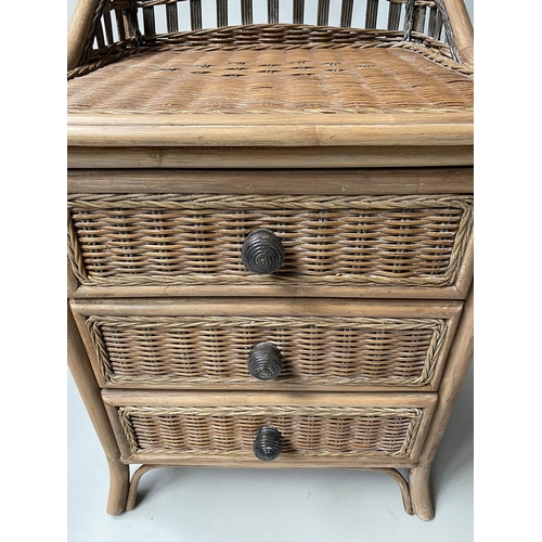 613 - CHEST, bamboo, rattan and cane panelled with three drawers together with a matching one drawer table... 