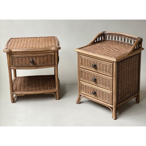 613 - CHEST, bamboo, rattan and cane panelled with three drawers together with a matching one drawer table... 