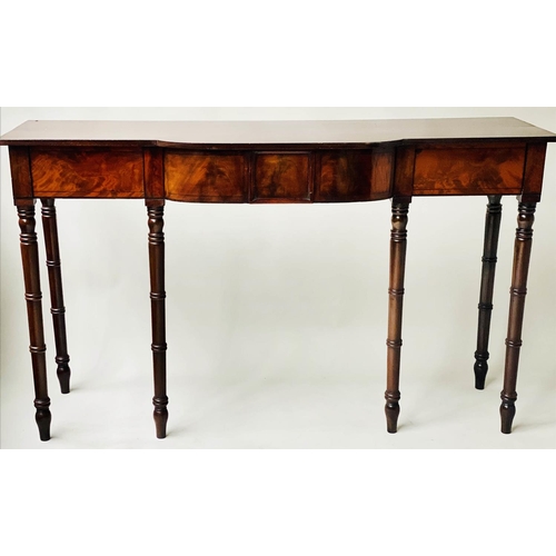 597 - HALL TABLE, Regency flame mahogany, adapted with two frieze drawers and six turned tapering supports... 