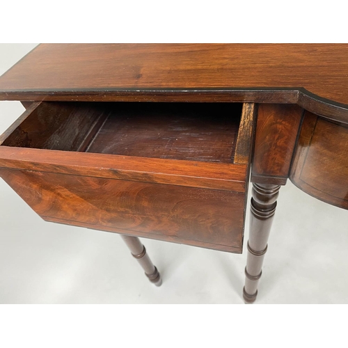 597 - HALL TABLE, Regency flame mahogany, adapted with two frieze drawers and six turned tapering supports... 