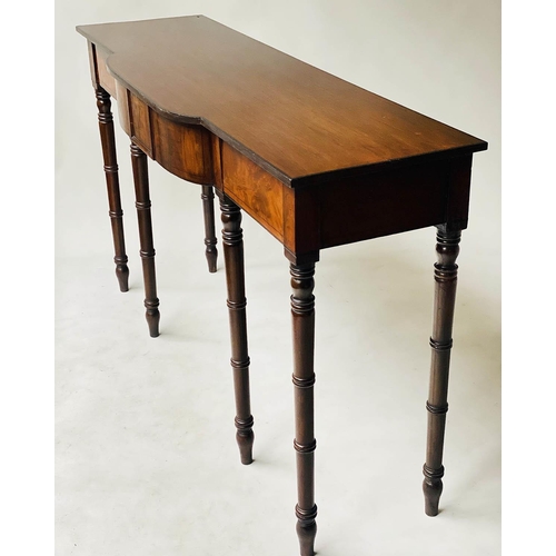 597 - HALL TABLE, Regency flame mahogany, adapted with two frieze drawers and six turned tapering supports... 