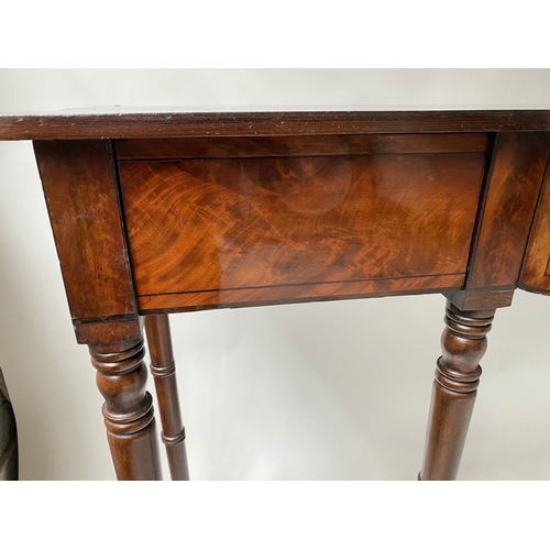 597 - HALL TABLE, Regency flame mahogany, adapted with two frieze drawers and six turned tapering supports... 