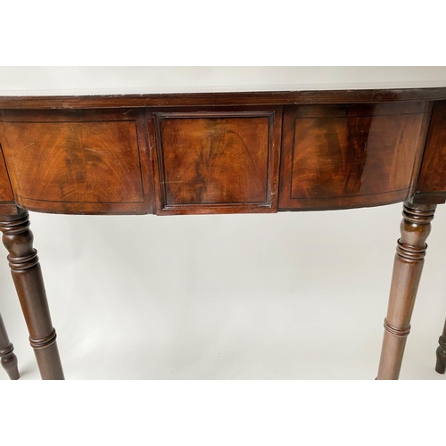 597 - HALL TABLE, Regency flame mahogany, adapted with two frieze drawers and six turned tapering supports... 