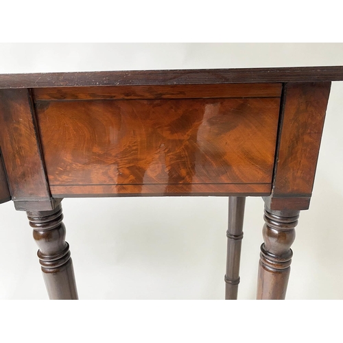 597 - HALL TABLE, Regency flame mahogany, adapted with two frieze drawers and six turned tapering supports... 