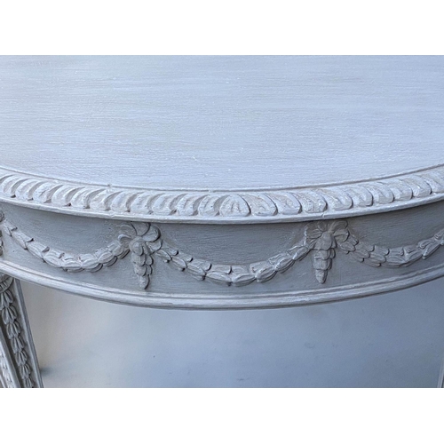 598 - CONSOLE TABLES, a pair, George III design, Robert Adam style demi lune grey painted with ribbon swag... 