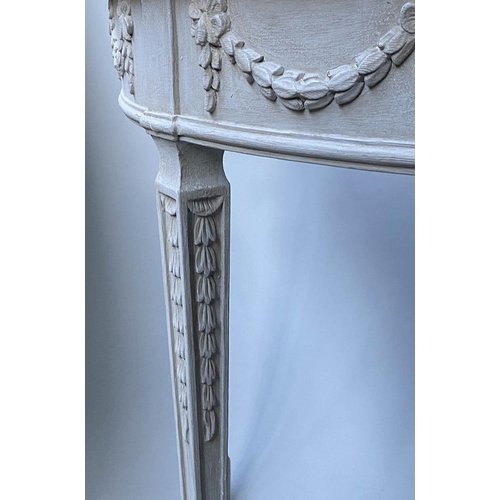 598 - CONSOLE TABLES, a pair, George III design, Robert Adam style demi lune grey painted with ribbon swag... 