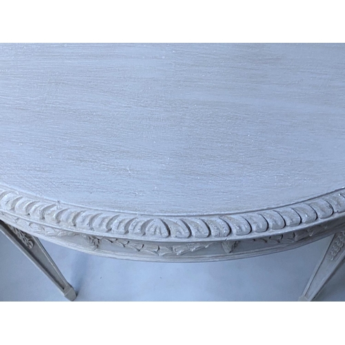 598 - CONSOLE TABLES, a pair, George III design, Robert Adam style demi lune grey painted with ribbon swag... 