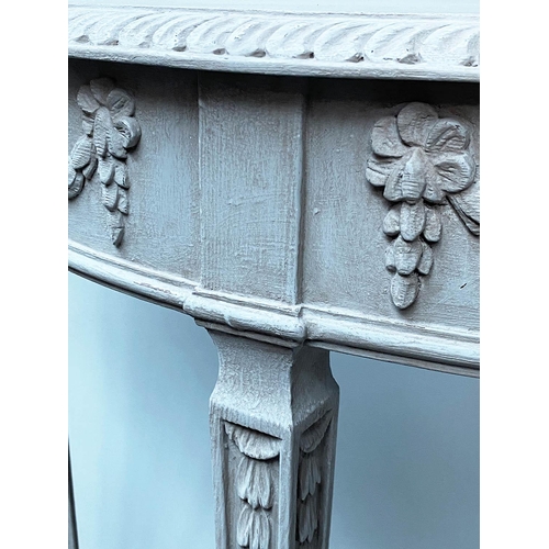 598 - CONSOLE TABLES, a pair, George III design, Robert Adam style demi lune grey painted with ribbon swag... 