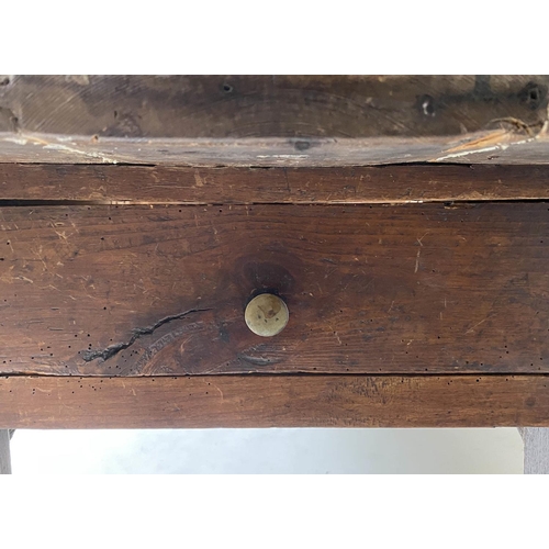 599 - FARMHOUSE TABLE, 19th century French planked pine and oak supports with frieze drawer, 181cm W x 55c... 