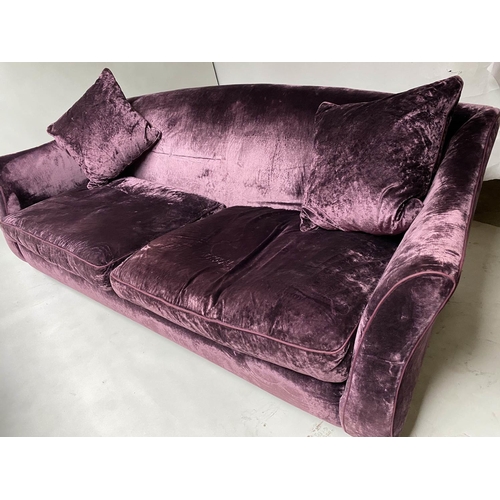 605 - SOFA, country house style satin violet velvet with arched back and out swept arms, 245cm W.