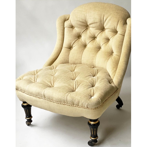 606 - SLIPPER CHAIR, Victorian, yellow velvet upholstered, button back, with fluted ebonised and gilded fr... 