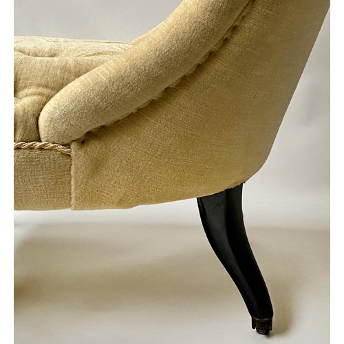 606 - SLIPPER CHAIR, Victorian, yellow velvet upholstered, button back, with fluted ebonised and gilded fr... 