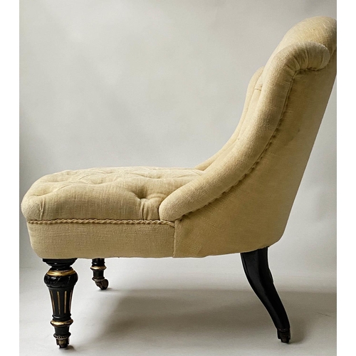 606 - SLIPPER CHAIR, Victorian, yellow velvet upholstered, button back, with fluted ebonised and gilded fr... 