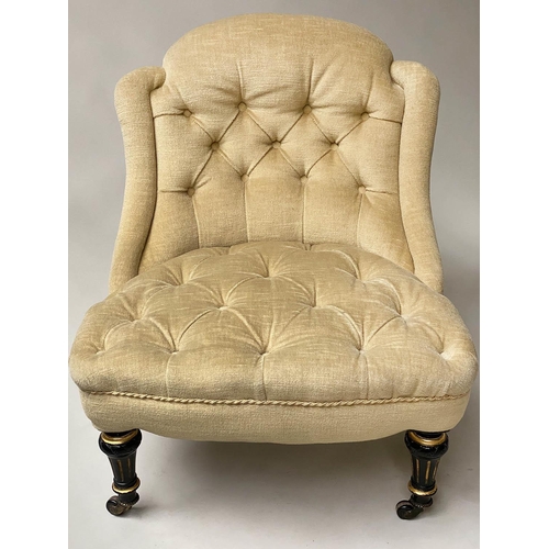 606 - SLIPPER CHAIR, Victorian, yellow velvet upholstered, button back, with fluted ebonised and gilded fr... 