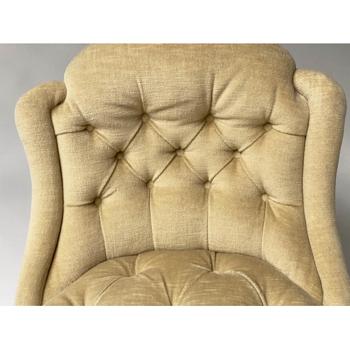 606 - SLIPPER CHAIR, Victorian, yellow velvet upholstered, button back, with fluted ebonised and gilded fr... 