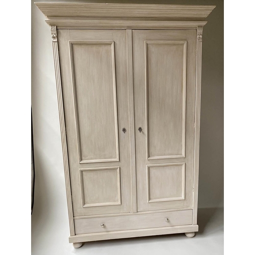 593 - ARMOIRE, 19th century French, traditionally grey painted, with two panelled doors enclosing hanging ... 