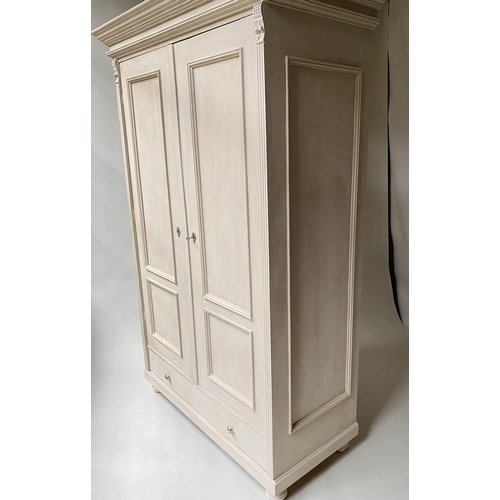 593 - ARMOIRE, 19th century French, traditionally grey painted, with two panelled doors enclosing hanging ... 