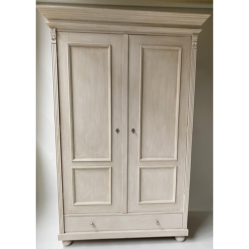 593 - ARMOIRE, 19th century French, traditionally grey painted, with two panelled doors enclosing hanging ... 