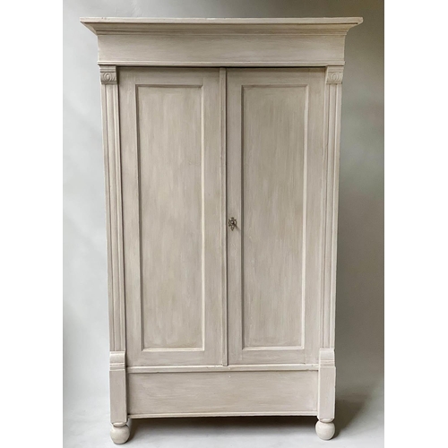 594 - ARMOIRE, 19th century French, traditionally grey painted, with two panelled doors, enclosing hanging... 