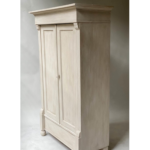 594 - ARMOIRE, 19th century French, traditionally grey painted, with two panelled doors, enclosing hanging... 