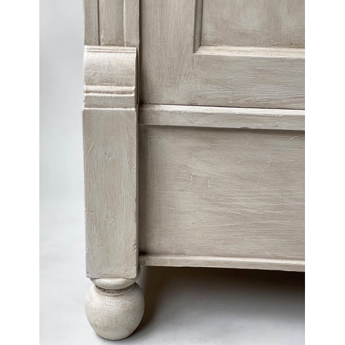 594 - ARMOIRE, 19th century French, traditionally grey painted, with two panelled doors, enclosing hanging... 