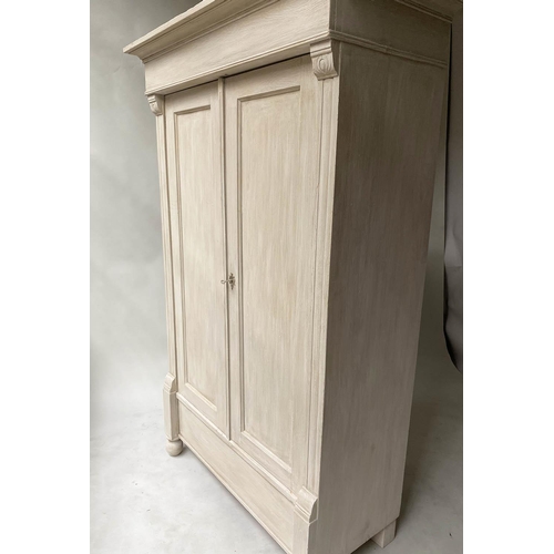 594 - ARMOIRE, 19th century French, traditionally grey painted, with two panelled doors, enclosing hanging... 