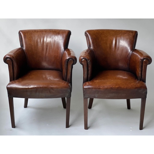 596 - TUB ARMCHAIRS, a pair, vintage hand dyed tobacco brown leather, with arched rounded backs and arms. ... 