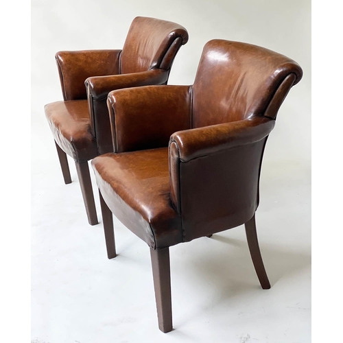 596 - TUB ARMCHAIRS, a pair, vintage hand dyed tobacco brown leather, with arched rounded backs and arms. ... 