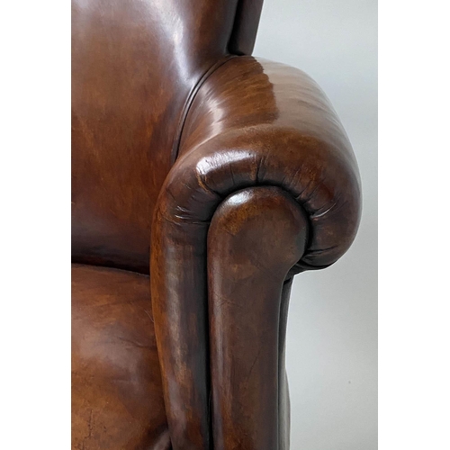 596 - TUB ARMCHAIRS, a pair, vintage hand dyed tobacco brown leather, with arched rounded backs and arms. ... 