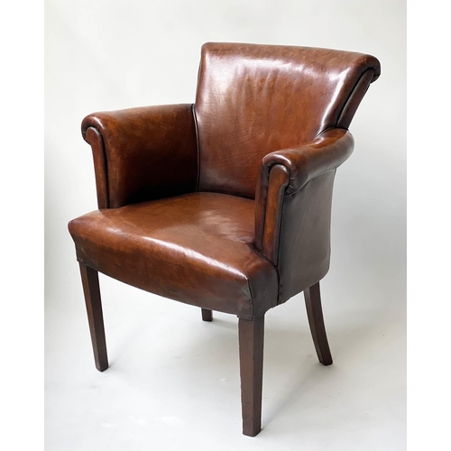 596 - TUB ARMCHAIRS, a pair, vintage hand dyed tobacco brown leather, with arched rounded backs and arms. ... 