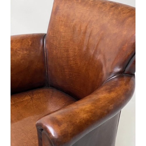 596 - TUB ARMCHAIRS, a pair, vintage hand dyed tobacco brown leather, with arched rounded backs and arms. ... 