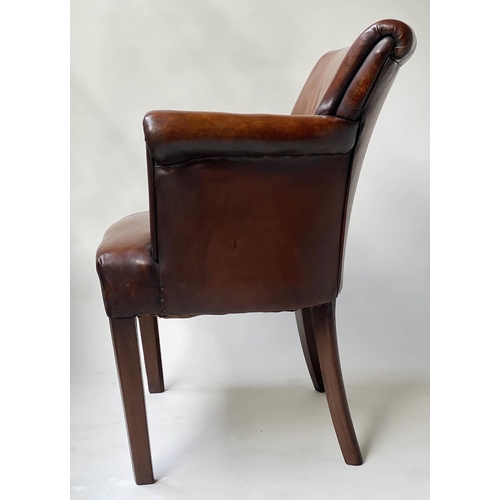 596 - TUB ARMCHAIRS, a pair, vintage hand dyed tobacco brown leather, with arched rounded backs and arms. ... 