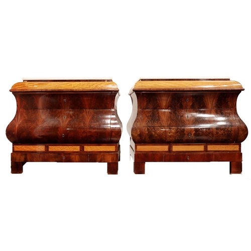 580 - BOMBE COMMODES, a pair, second quarter 19th century Spanish mahogany and satinwood each with white m... 