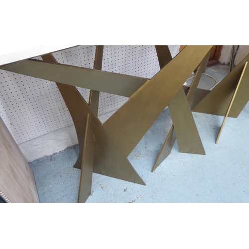 59 - CONSOLE TABLE, the travertine top on a gilt metal base, 40cm D x 150cm L x 87cm H.