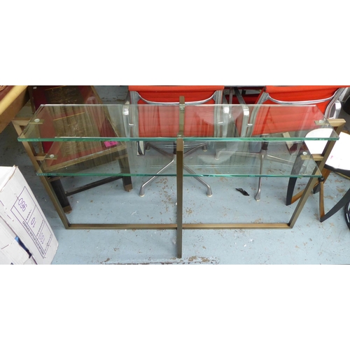 61 - CONSOLE TABLE, two tiers of glass on brushed metal supports, 82cm H x 40cm D x 140cm L.