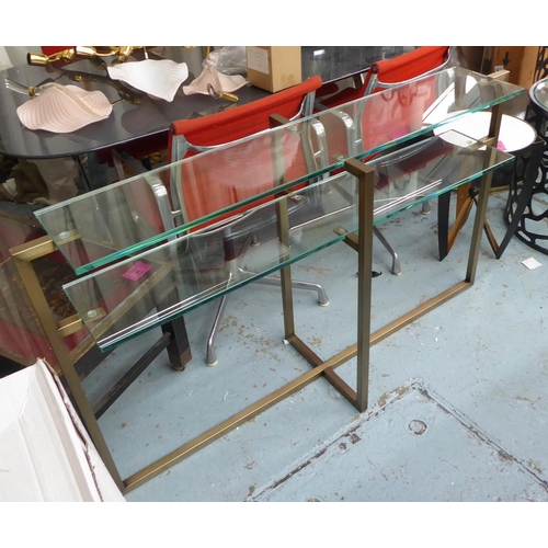 61 - CONSOLE TABLE, two tiers of glass on brushed metal supports, 82cm H x 40cm D x 140cm L.