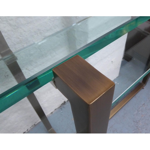 62 - CONSOLE TABLE, two tiers of glass on brushed metal supports, 82cm H x 40cm D x 140cm L.
