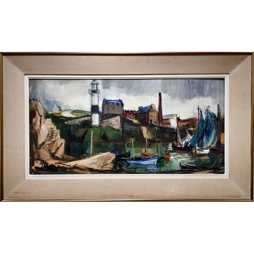 74 - PAUL GIROL (b. 1911-1989) 'Harbour View with Lighthouse', oil on card, 39cm x 79cm, signed and frame... 