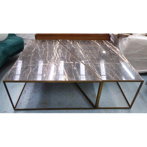 82 - LOW TABLES, two, the marble tops asymmetric on gilt metal bases, 130cm L x 52cm H x 110cm W one end,... 