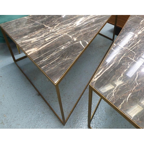 82 - LOW TABLES, two, the marble tops asymmetric on gilt metal bases, 130cm L x 52cm H x 110cm W one end,... 