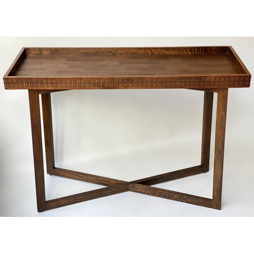 90 - CONSOLE TABLE, rectangular teak galleried with blind fret frieze and x stretcher, 110cm x 40cm x 81c... 