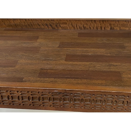 90 - CONSOLE TABLE, rectangular teak galleried with blind fret frieze and x stretcher, 110cm x 40cm x 81c... 